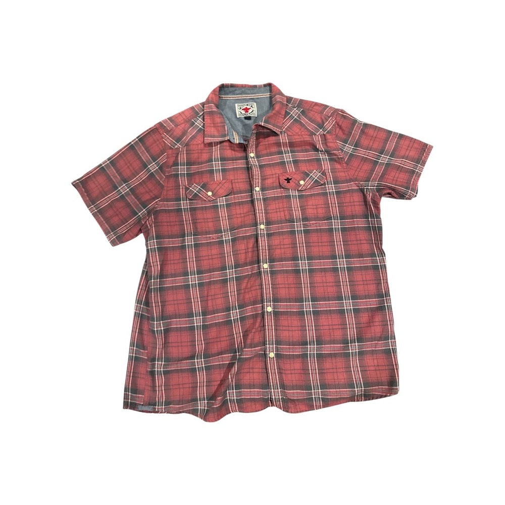 Desert Son Flag & Anthem Mens XL Red Plaid Pearl Snap Western Short Sleeve Shirt